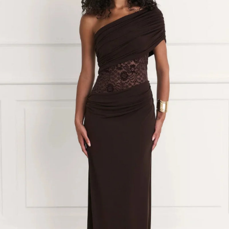 Asymmetrical Lace Patchwork Satin Long Dress