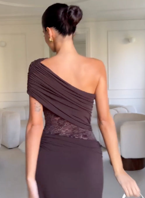 Asymmetrical Lace Patchwork Satin Long Dress